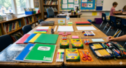 A bright classroom setting with a wooden table filled with neatly arranged school supplies. Items include green and blue spiral notebooks labeled for students, boxes of Crayola crayons and markers, Fiskars scissors, glue sticks, highlighters, and a full p