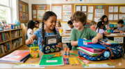 In a bright elementary classroom, a young girl with braided hair and a young boy in a green shirt smile and laugh together at a wooden desk. They are organizing an assortment of school supplies, including a box of Crayola crayons, glue sticks, folders, an