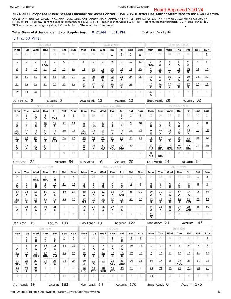 2024-2025 West Central District #235 School Year Calendar