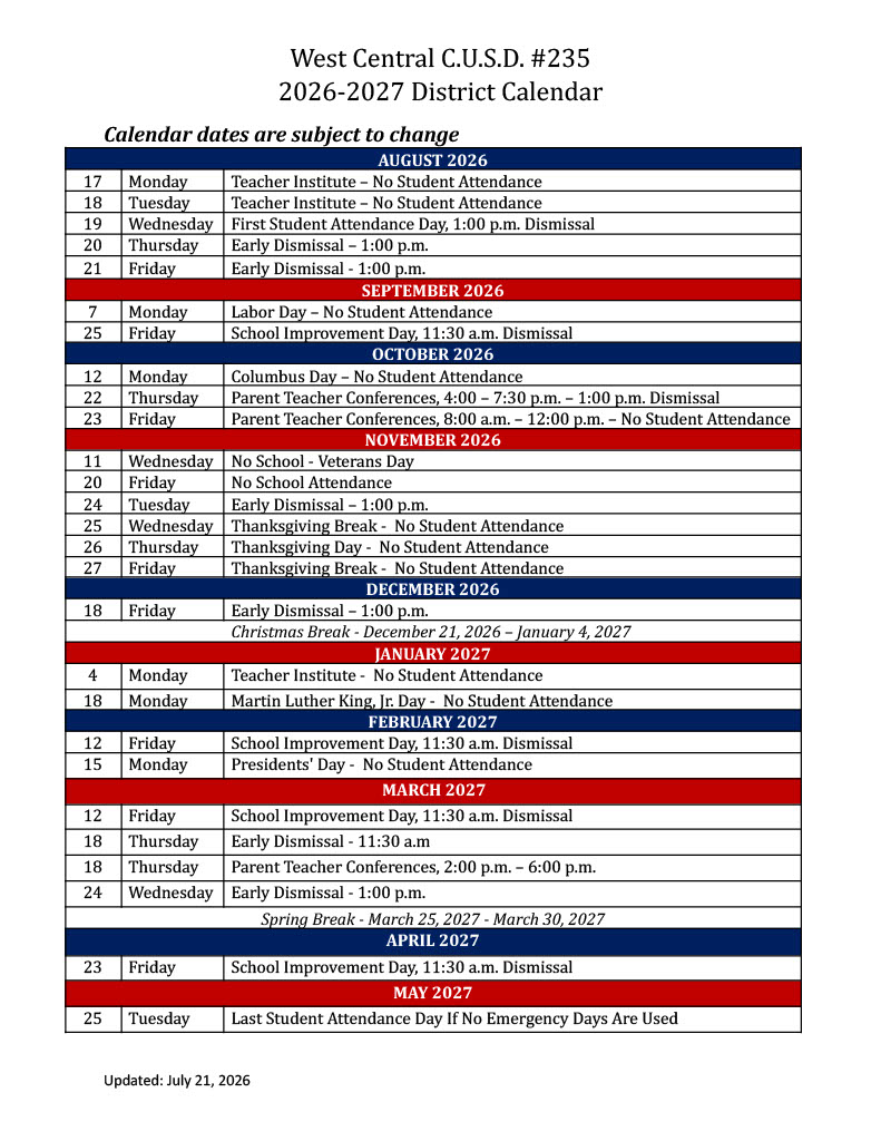2026 - 2027 Short School Calendar