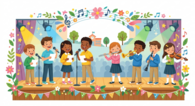 A colorful, flat-style illustration of a diverse group of school-aged children performing on a stage decorated with spring flowers and bunting. On the left, children are singing into microphones; on the right, children are playing instruments including a 