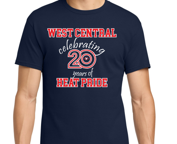 A close-up mockup of a navy blue t-shirt with screen-printed text in red and white that reads