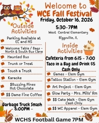 An autumn-themed promotional graphic titled "Welcome to WCE Fall Festival" for Friday, October 16, 2026, from 5:30-7 PM at West Central Elementary. The flyer lists outside activities (such as Trunk or Treat, Haunted Bus, and Karaoke) and inside activities